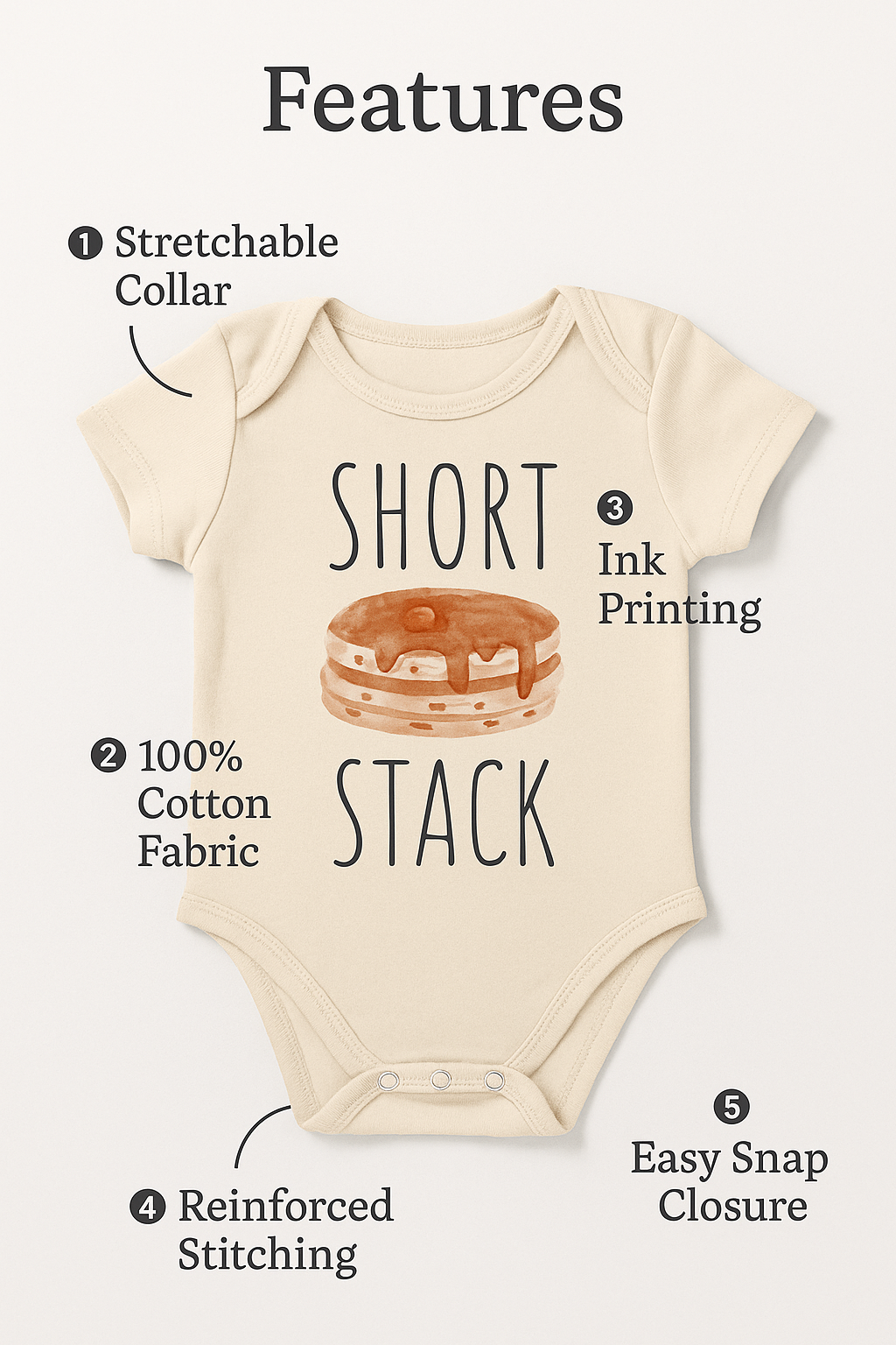 Baby onesie with 'Short Stack' design and feature list on a white background