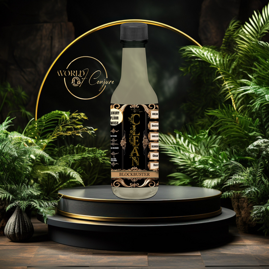 Bottle labeled 'Clean Blockbuster' on a dark background with greenery