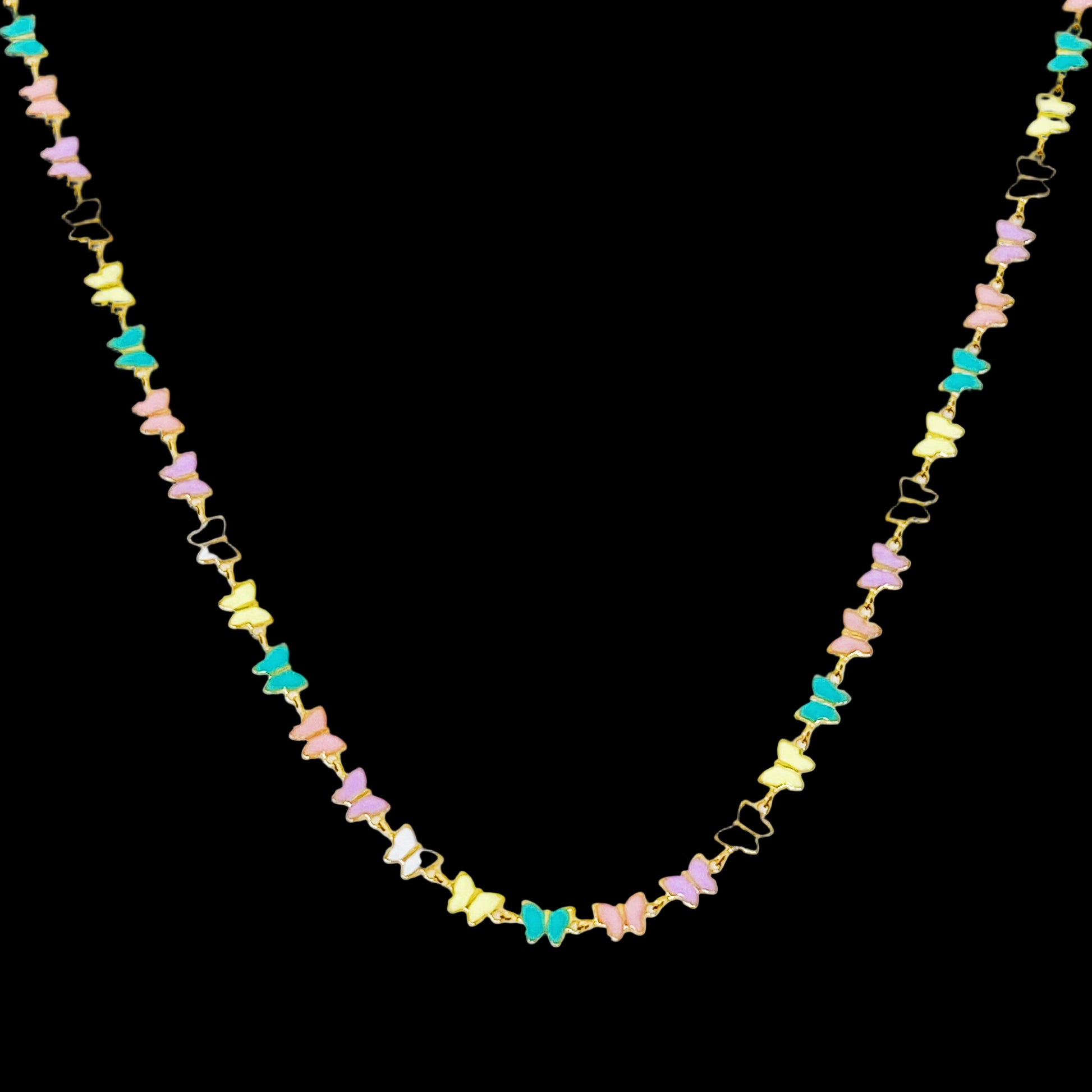 Colorful butterfly-shaped necklace on a white background