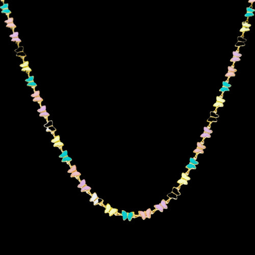 Colorful butterfly-shaped necklace on a white background