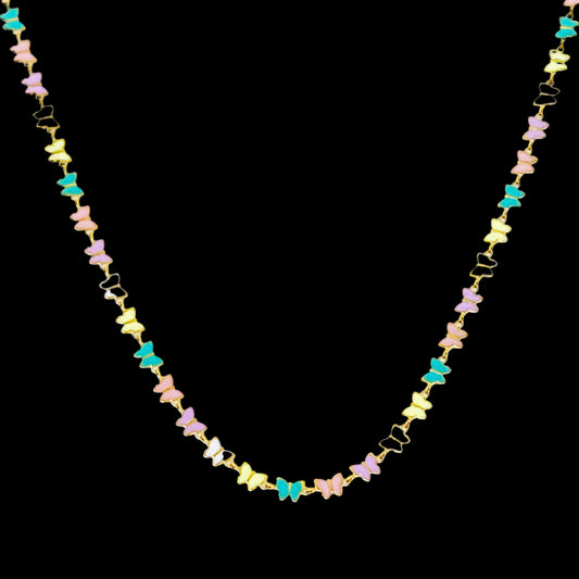 Colorful butterfly-shaped necklace on a white background