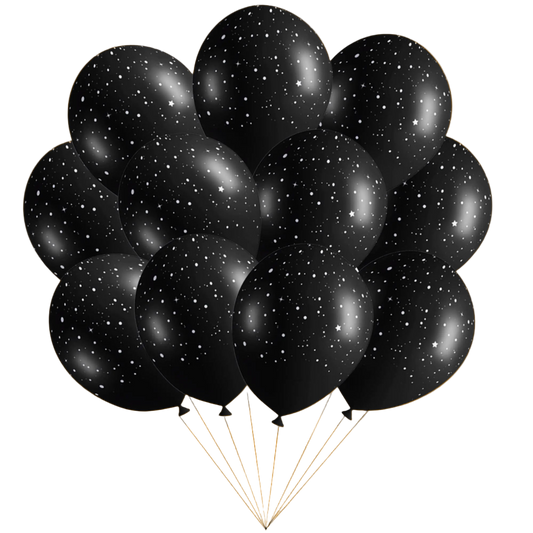 Black balloons with white specks on a white background