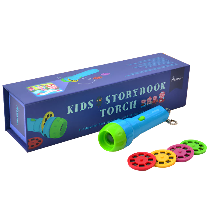 Blue and green kids' storybook torch with colorful reels and packaging on a white background