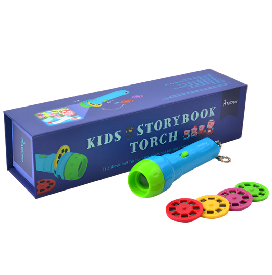 Blue and green kids' storybook torch with colorful reels and packaging on a white background