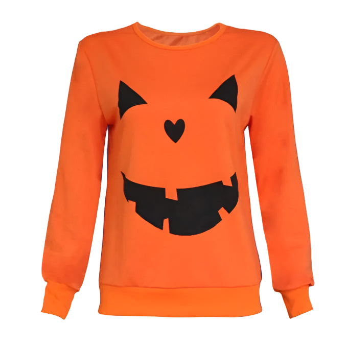 Orange sweatshirt with black jack-o'-lantern face design on a white background