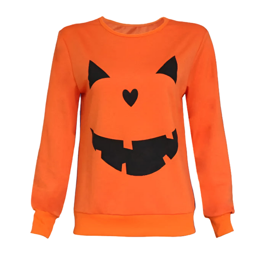 Orange sweatshirt with black jack-o'-lantern face design on a white background