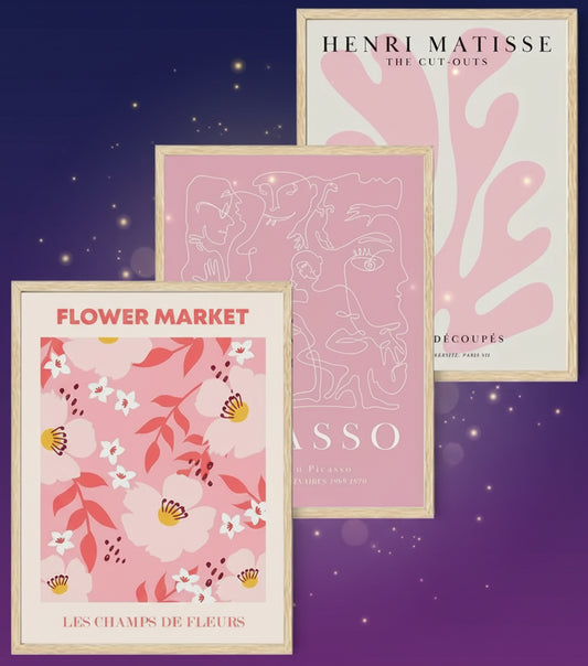 Three framed art prints with pink and white designs on a white background
