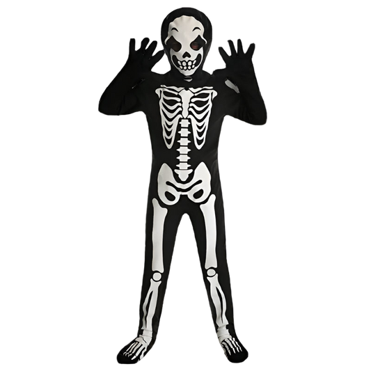 Skeleton costume with black and white design on a white background