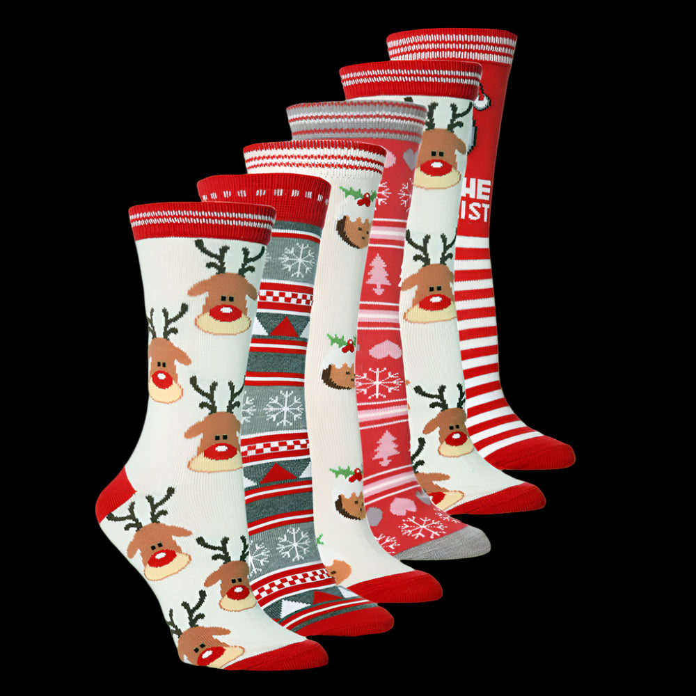 Set of Christmas-themed socks with reindeer and snowflake patterns on a white background