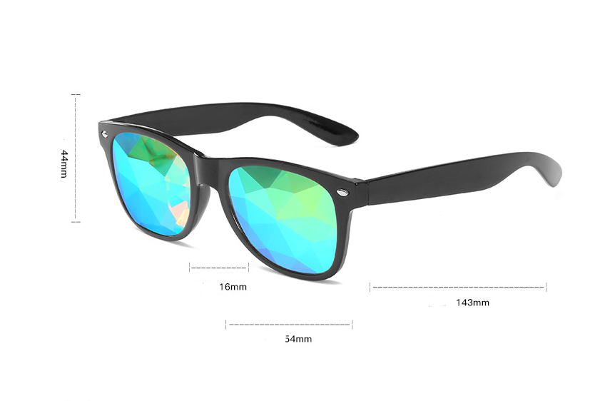 Sunglasses with green reflective lenses and black frames, shown with measurements on a white background.