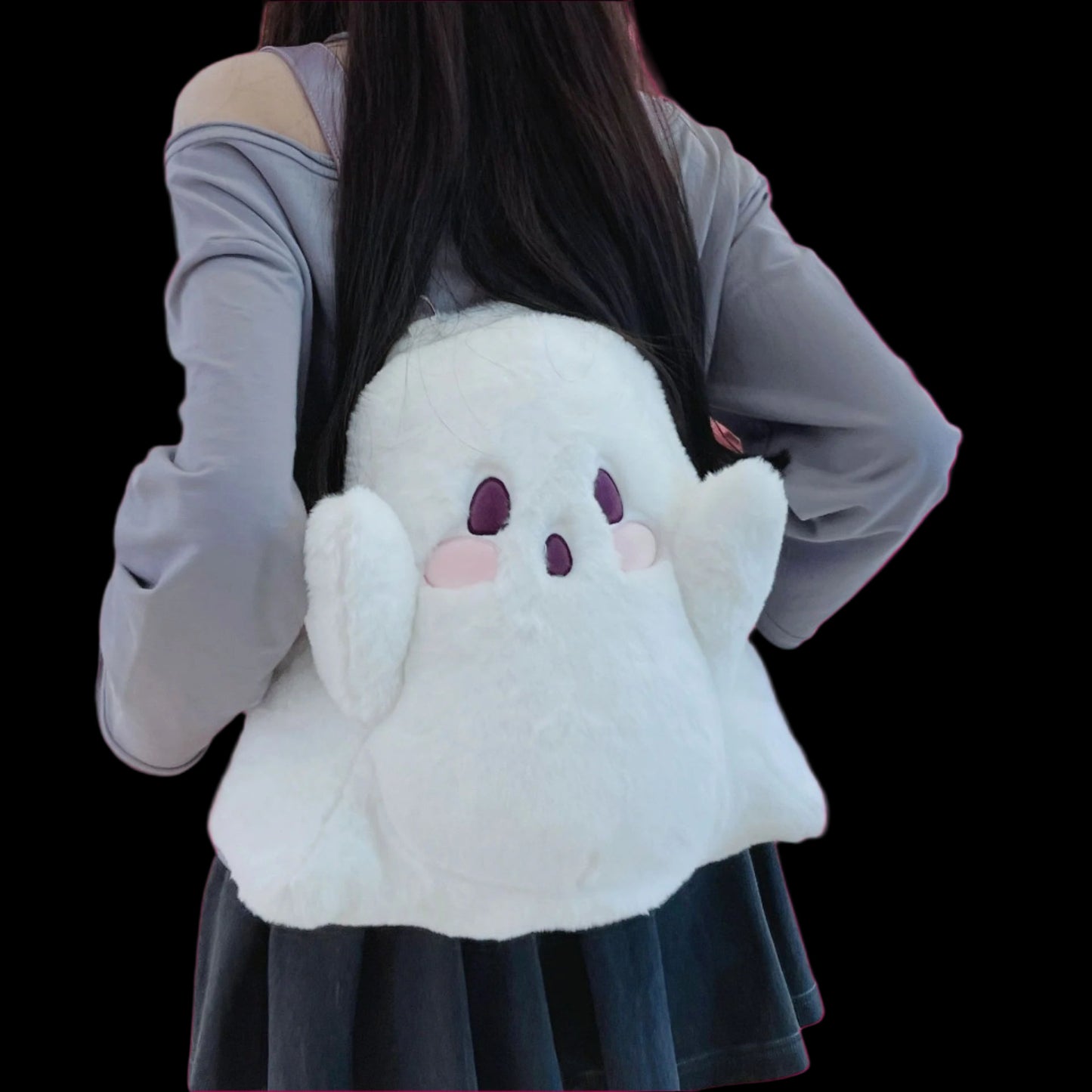 Person wearing a plush ghost backpack with balloons in the background