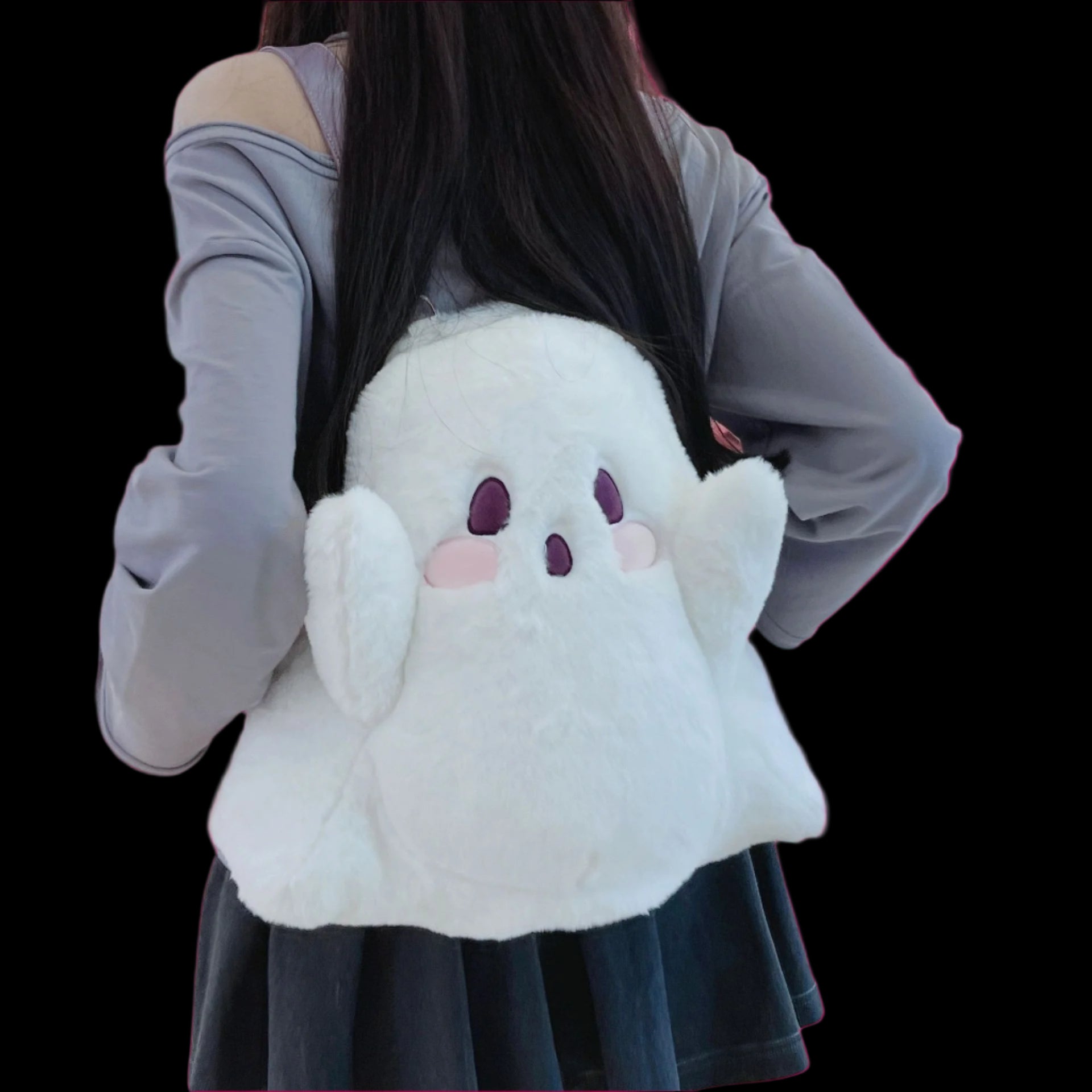 Person wearing a plush ghost backpack with balloons in the background