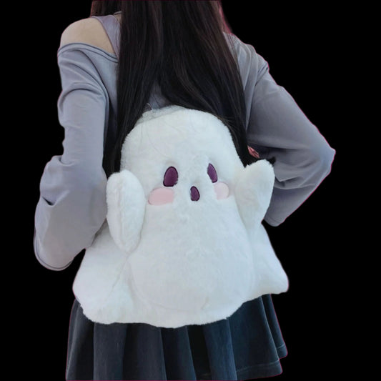 Person wearing a plush ghost backpack with balloons in the background