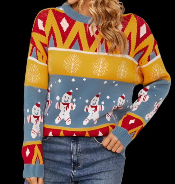 Woman wearing a colorful Christmas sweater with snowmen designs, standing next to a decorated Christmas tree.