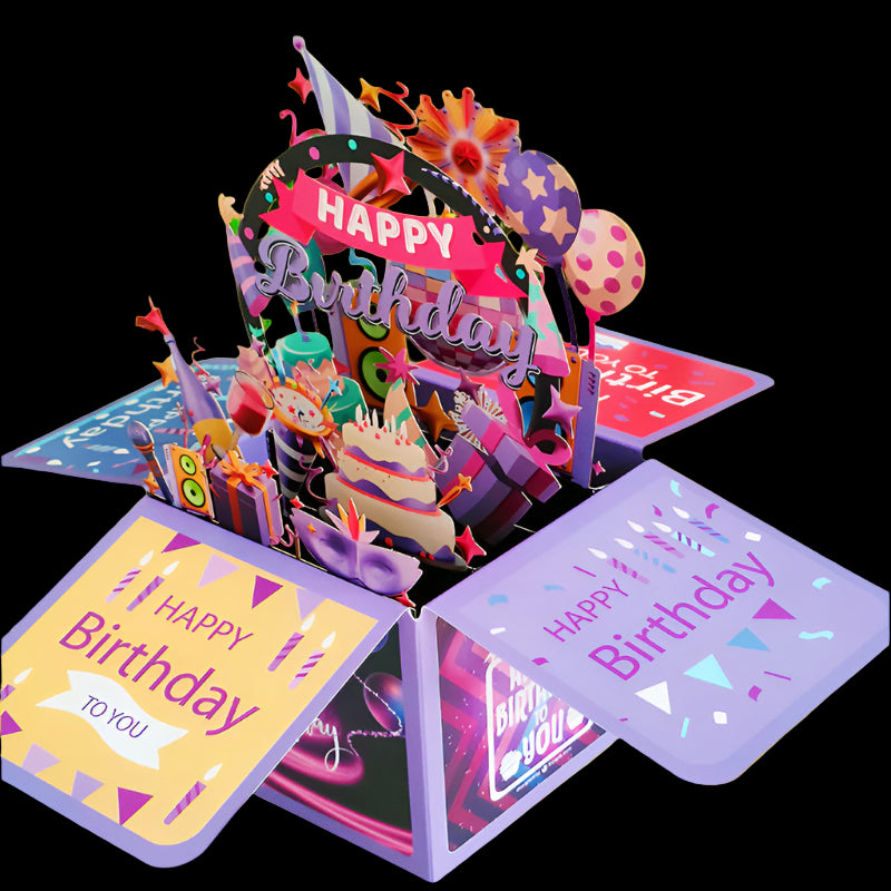 Pop-up birthday card with colorful design and 'Happy Birthday' text, surrounded by green plants.
