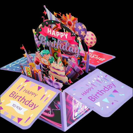 Pop-up birthday card with colorful design and 'Happy Birthday' text, surrounded by green plants.