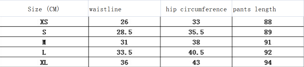 Size chart for waistline, hip circumference, and pants length in centimeters