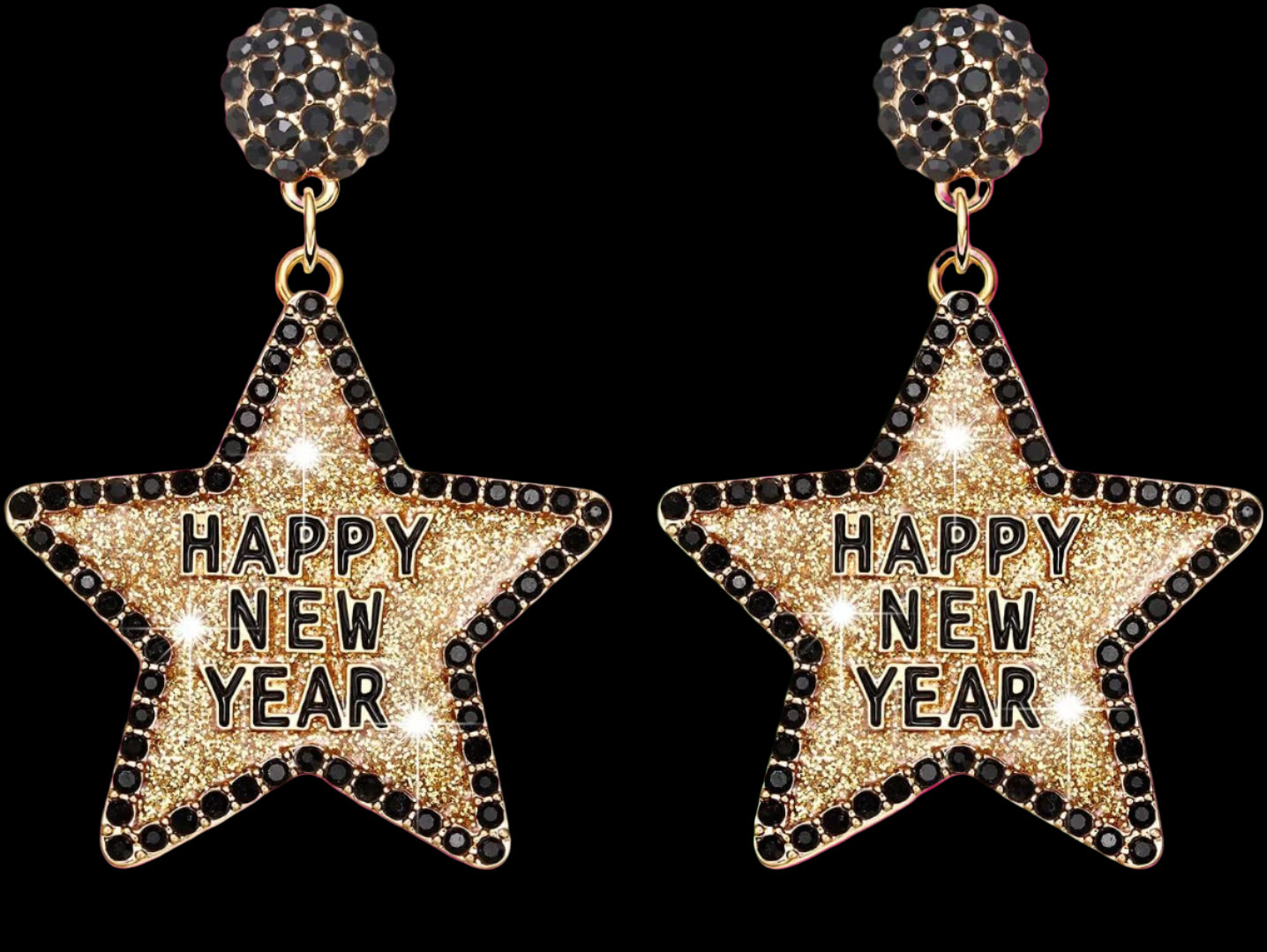Star-shaped earrings with 'Happy New Year' text on a white background