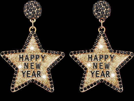 Star-shaped earrings with 'Happy New Year' text on a white background