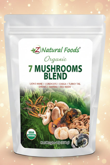Package of Z Natural Foods Organic 7 Mushrooms Blend with mushroom images on a white background
