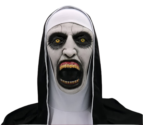 Person wearing a horror-themed mask with white face and black hood on a white background