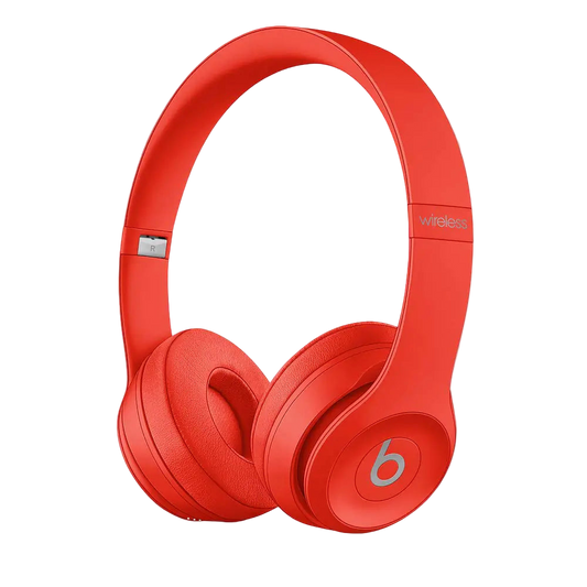 Red Beats headphones on a white background