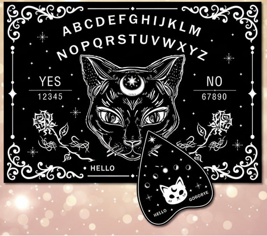 Black and white Ouija board with a cat design and a对应的灵媒板贴纸.