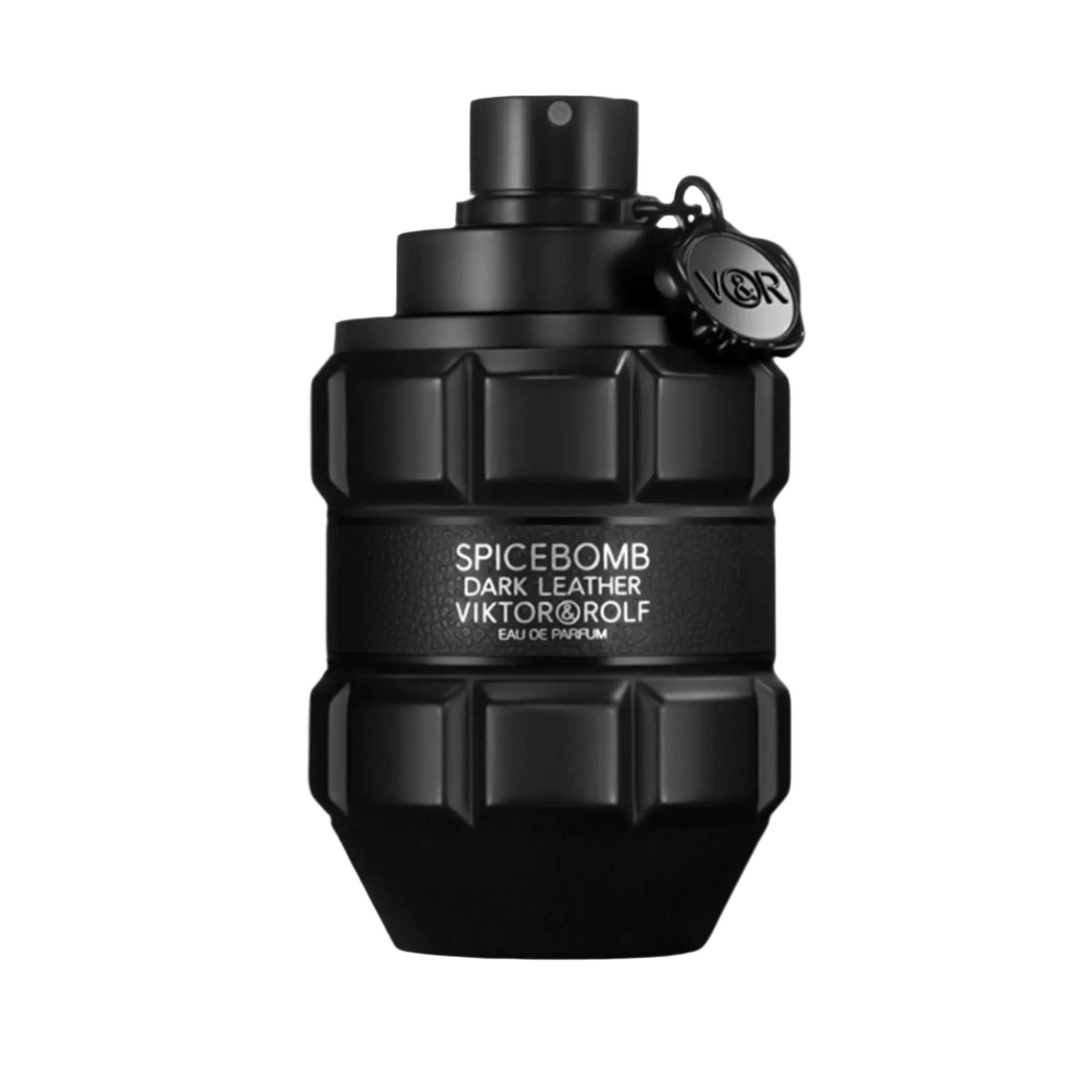Black perfume bottle with 'Viktor & Rolf Spicebomb Dark Leather' text on a white background