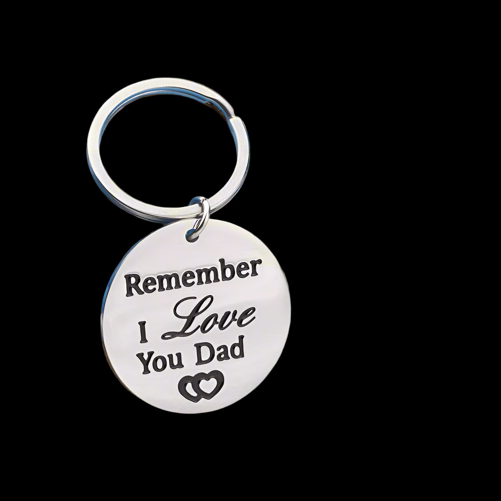Keychain with 'Remember I Love You Dad' text on a blue rose background