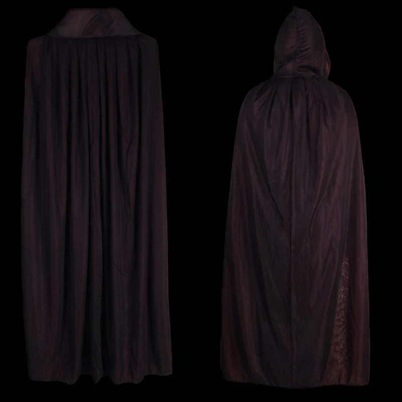 Black hooded cloak with lace trim on a white background