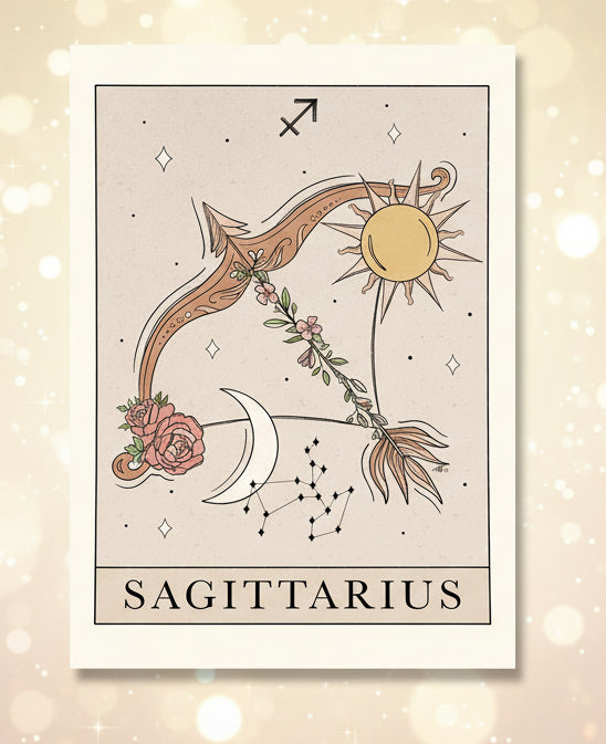 Sagittarius zodiac sign illustration with bow and arrow on a beige background