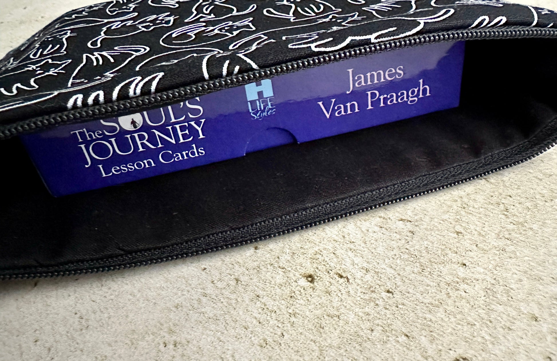 Pouch with 'The Soul's Journey' lesson cards by James Van Praagh on a textured surface