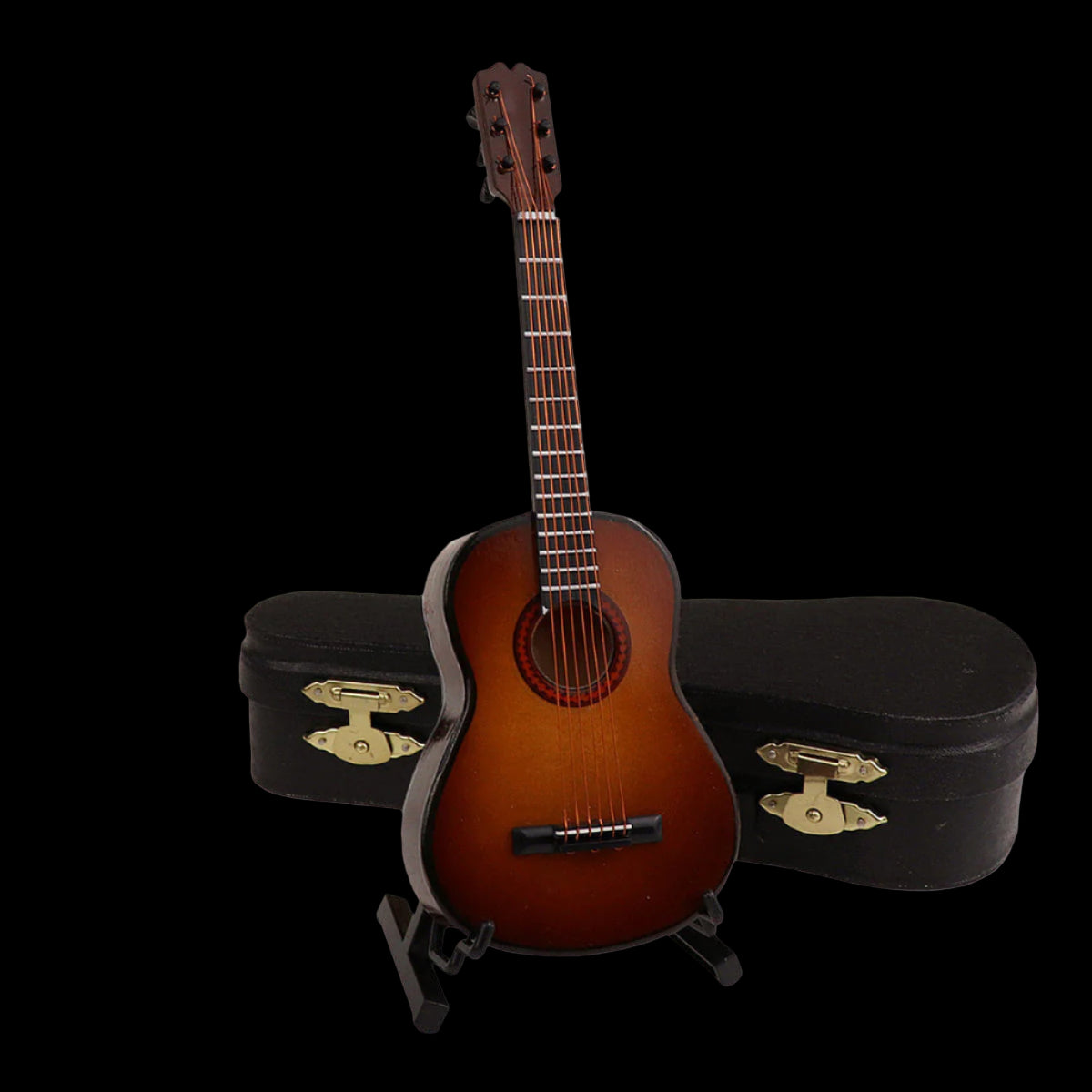Small brown guitar on a stand with a black case in the background