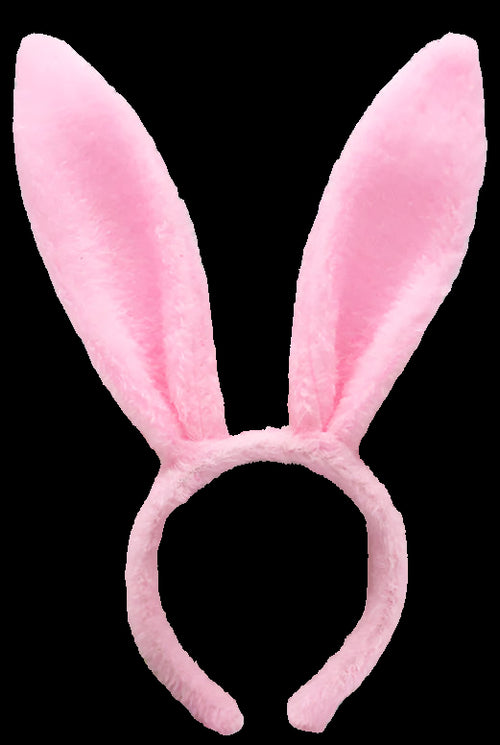 Pink bunny ears on a headband with a decorative photo frame in the background.