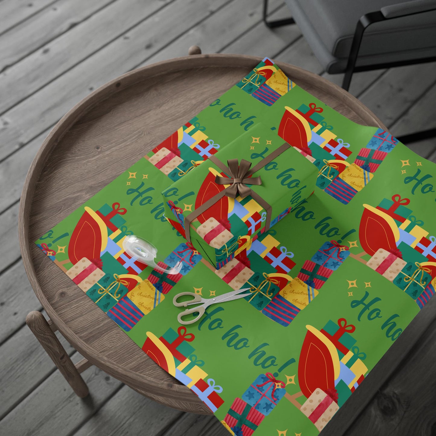 Colorful gift wrap with Christmas designs on a wooden tray.