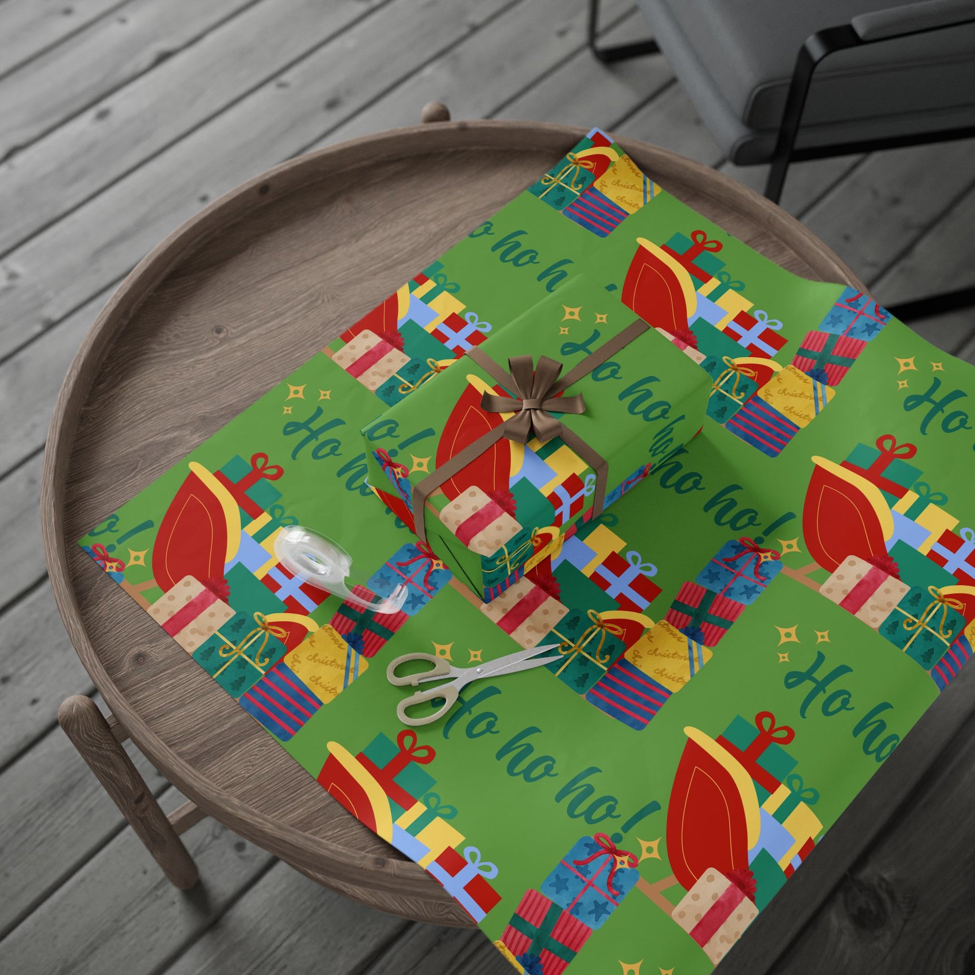 Colorful gift wrap with Christmas designs on a wooden tray.