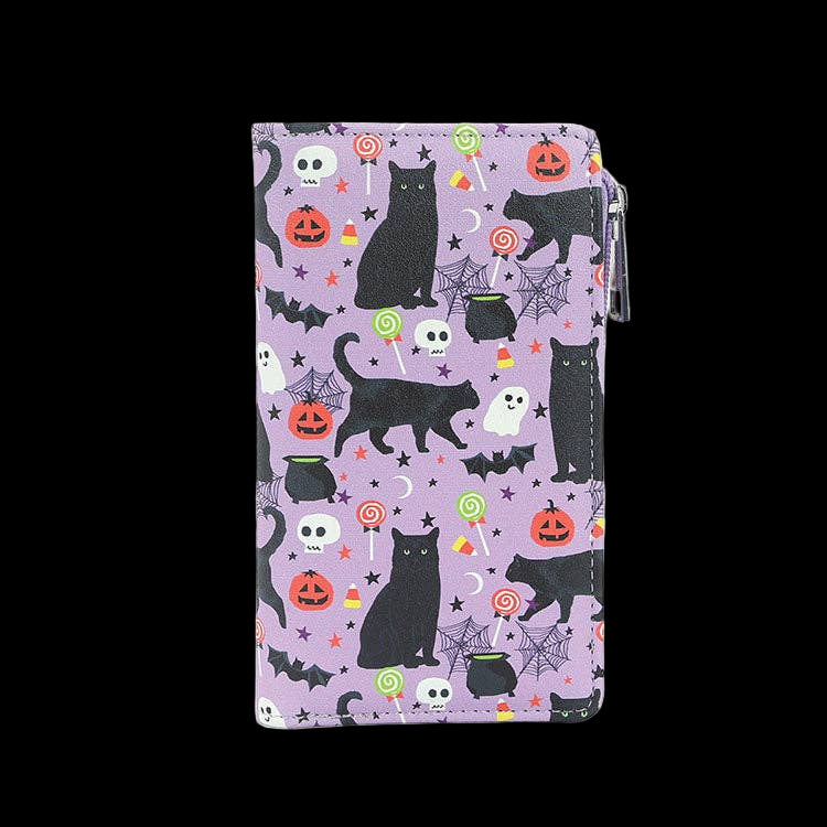 Purple wallet with Halloween-themed design featuring cats, ghosts, and pumpkins on a white background.