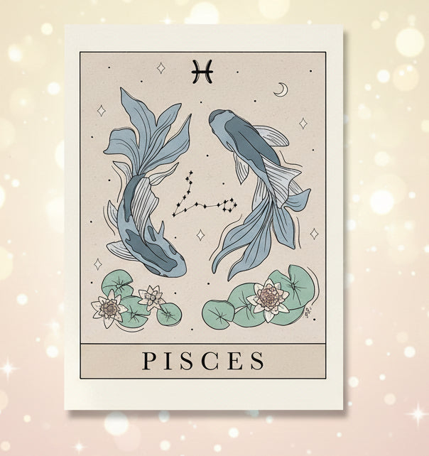 Pisces zodiac sign illustration with two fish, lotus flowers, and constellation dots on a beige background.
