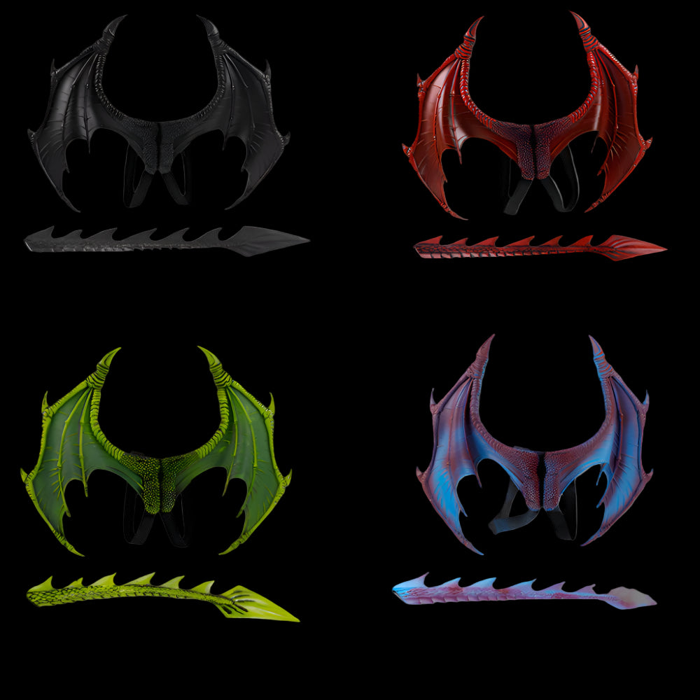 Dragon wing and tail attachments in black, red, green, and blue on a white background.