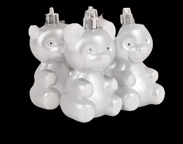 Three silver teddy bear-shaped Christmas ornaments on a white background