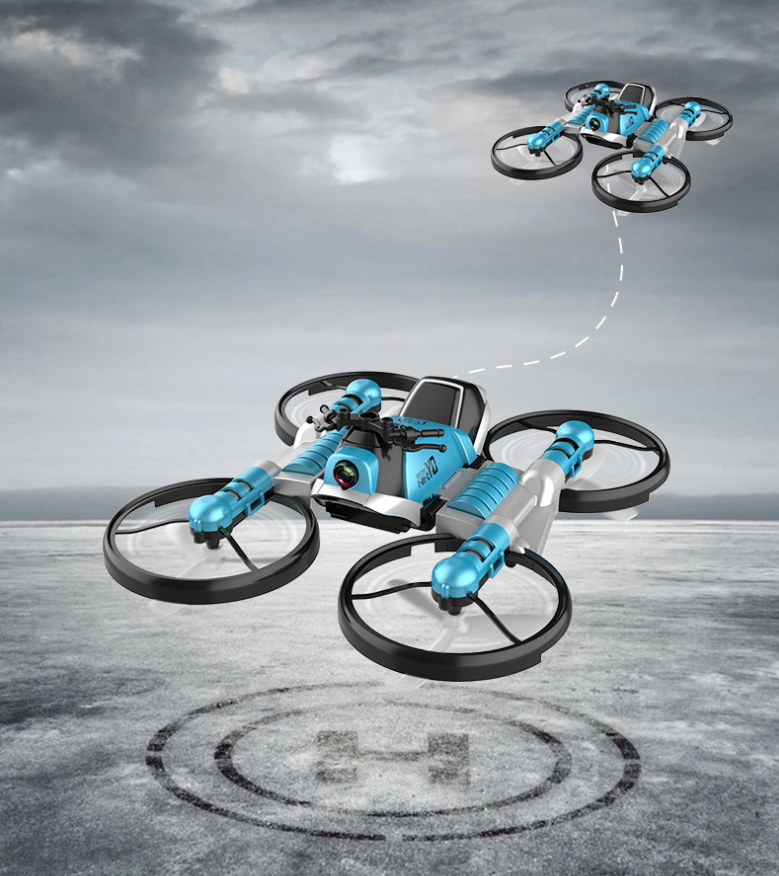 Blue and black drone on a concrete surface with a gray sky background