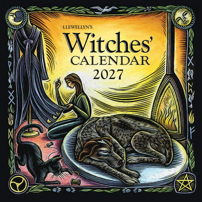 Cover of Llewellyn's Witches' Calendar 2027 featuring a witch, dog, and black cat.