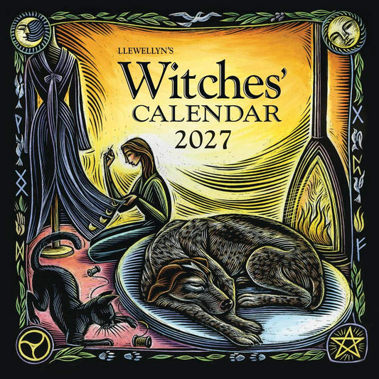 Cover of Llewellyn's Witches' Calendar 2027 featuring a witch, dog, and black cat.