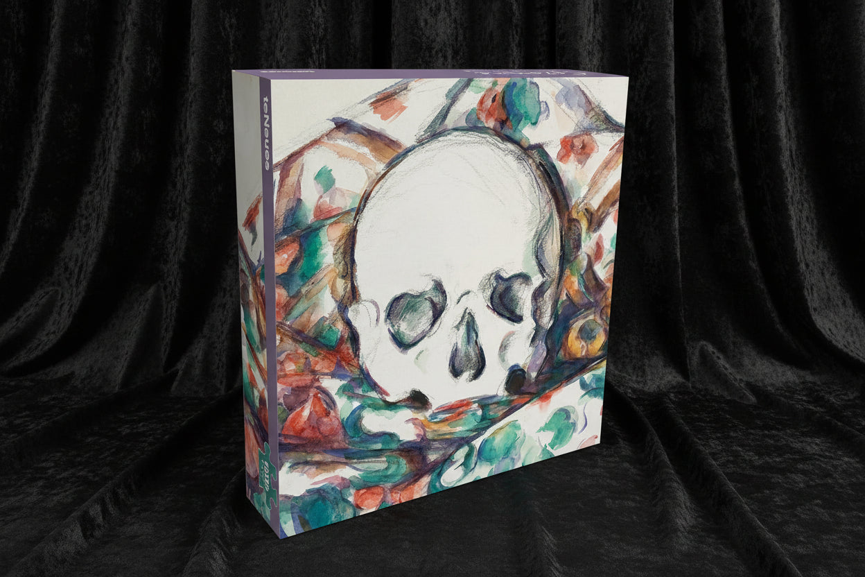 A 3D box mockup of a jigsaw puzzle featuring Edvard Munch's 'The Skull' painting. The box is shown at an angle against a plain white background, displaying the colorful artwork and a purple brand spine.