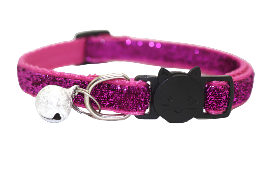 Pink glittery cat collar with a black cat-shaped buckle and silver bell on a white background