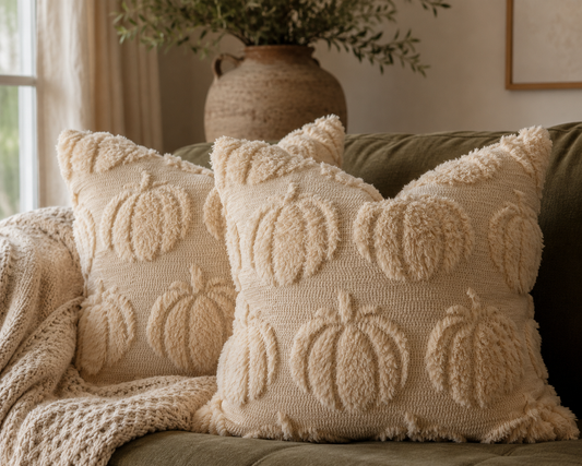 Two cream-colored textured throw pillows with raised pumpkin motifs, styled on an olive green couch with a matching knit throw blanket and a rustic vase in the background.