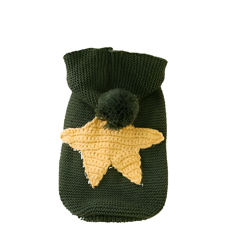 Green knitted dog sweater with a yellow star and pom-pom on a white surface