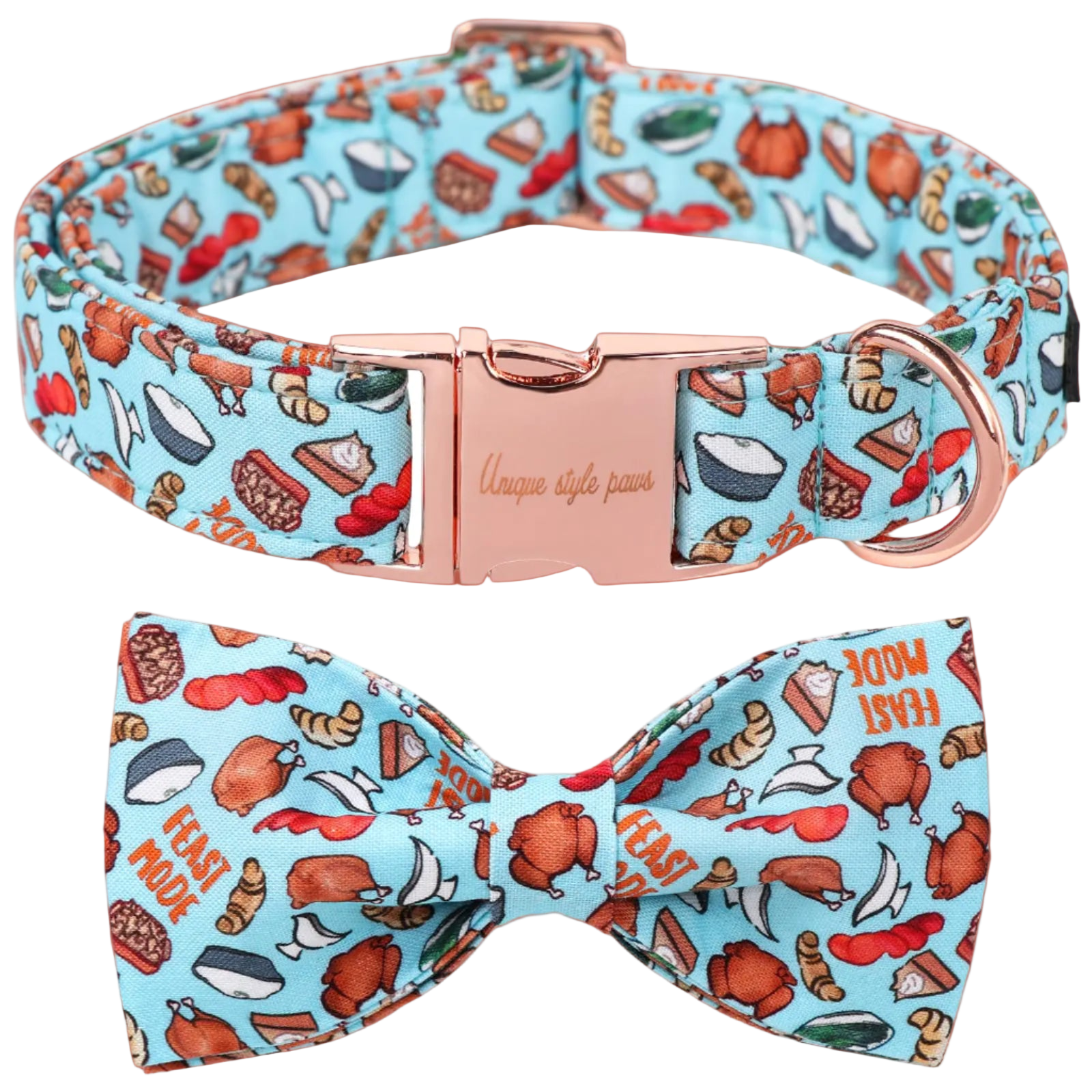 Dog collar and bow tie set with food-themed design on a blue background