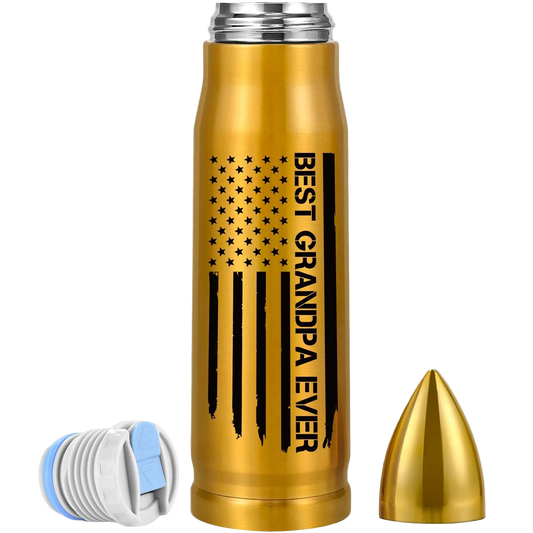 Gold insulated bottle with American flag design and 'Best Grandpa Ever' text on a white background