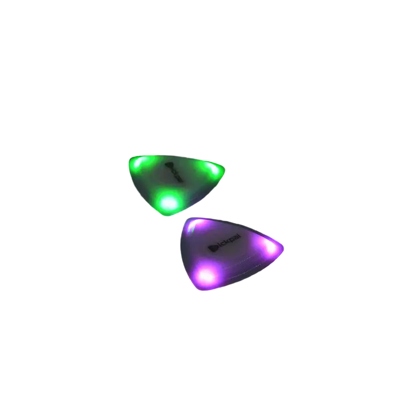 Two triangular light-up guitar picks, one green and one purple, on a black background.